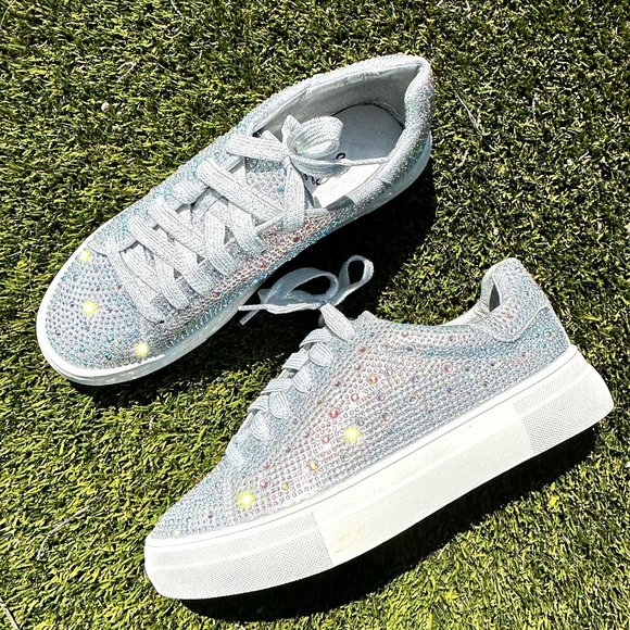 NEW🔥 Bling Rhinestone Embellished Flat Platform Sneaker Lace-Up Low-Top Slip-On - Picture 3 of 7